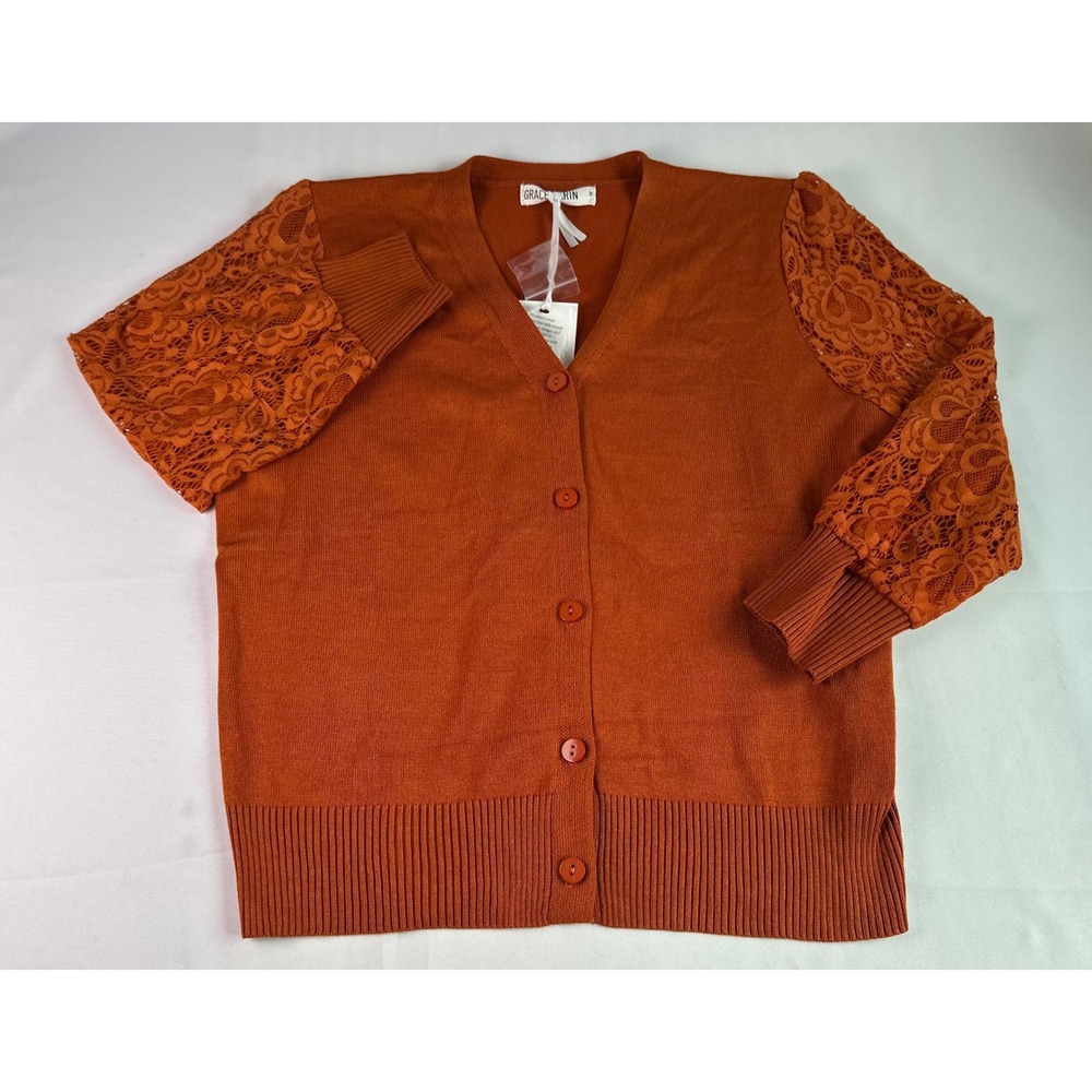 NEW Grace Karin Womens Cardigan Rust Lace Sleeve Knit‎ V Neck Sweater Medium NWT